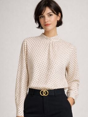 Rena Rowan| Vintage Cream Polka Dot High-Neck Blouse